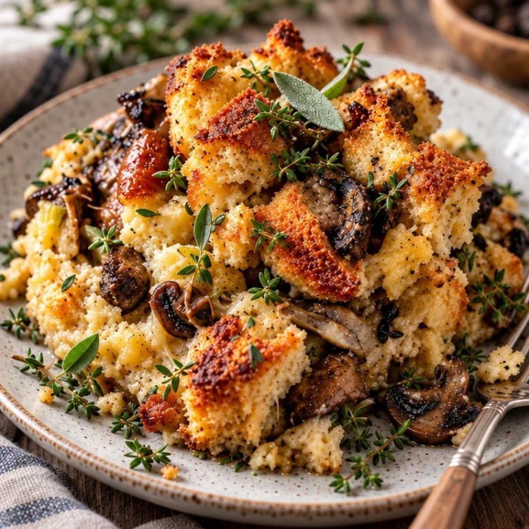 Savory bread pudding with mushrooms and Gruyere cheese baked to perfection