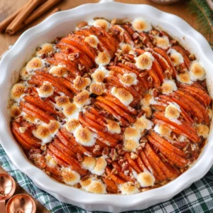 Baked scalloped sweet potatoes with creamy layers, perfect for holiday meals.