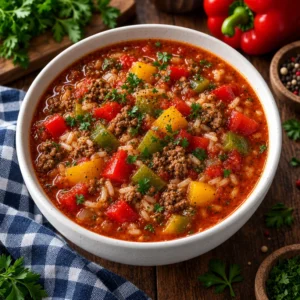 Bowl of delicious stuffed pepper soup with colorful peppers and herbs