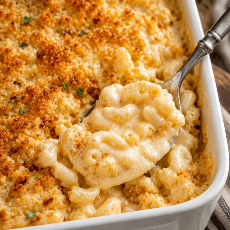 Delicious homemade baked mac and cheese topped with crispy breadcrumbs and cheese