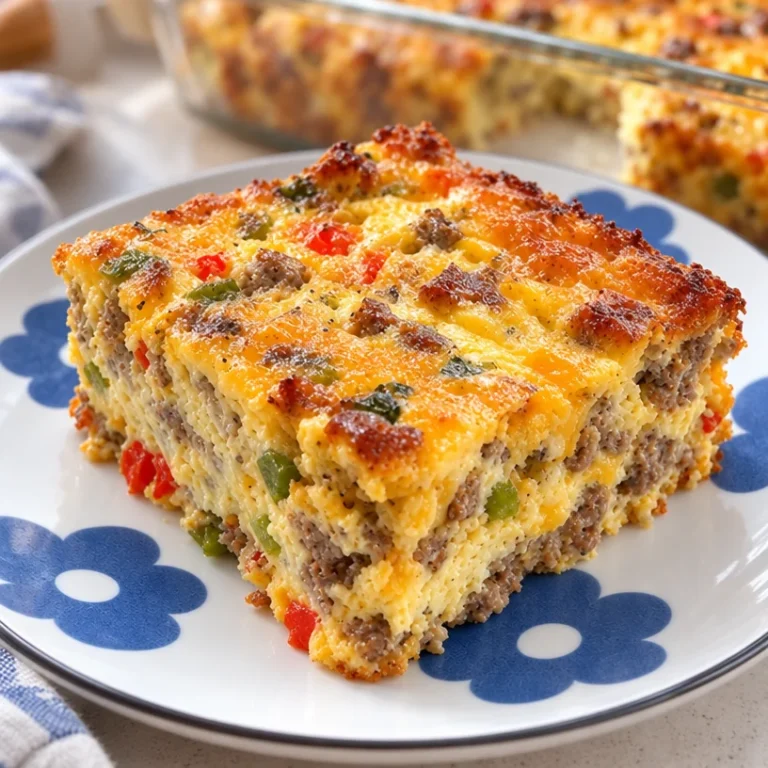 Ultimate breakfast casserole topped with cheese and herbs in a baking dish.