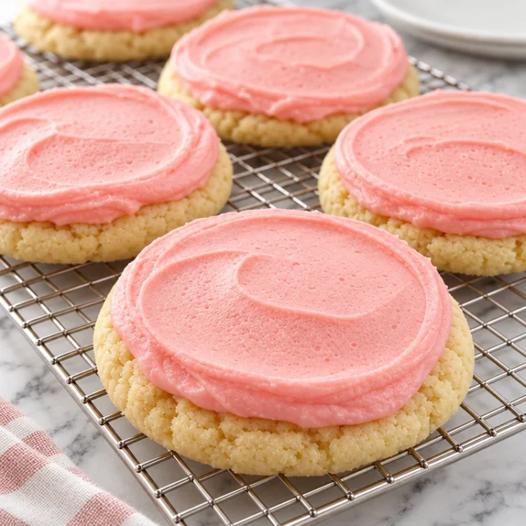 Delicious homemade pink sugar cookies on a cooling rack.
