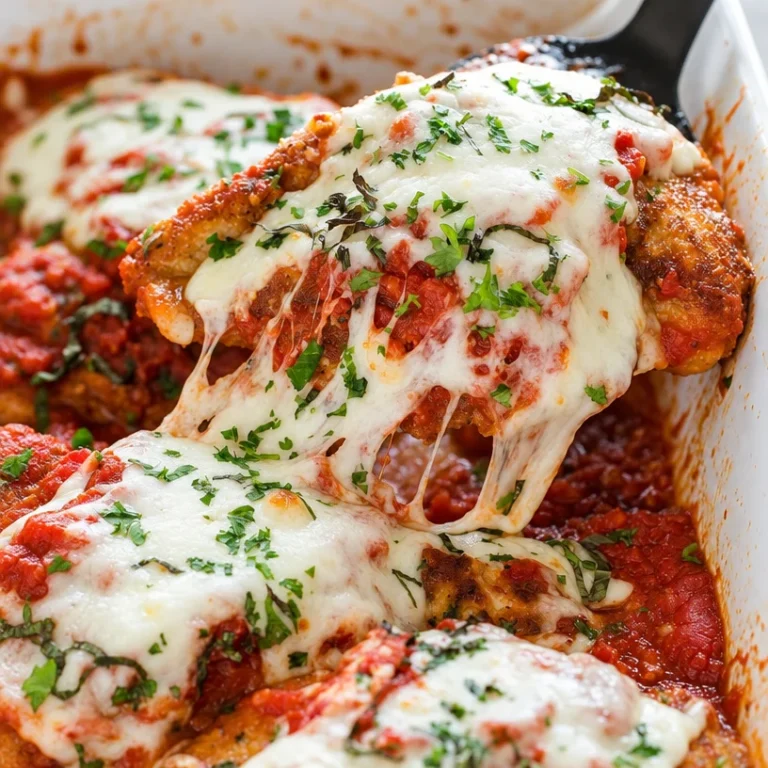 Delicious plate of easy chicken parmesan garnished with parsley and served with pasta.