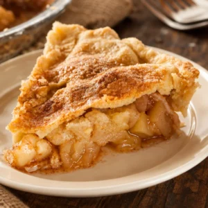 Slice of delicious homemade apple pie with golden crust and fresh apple filling