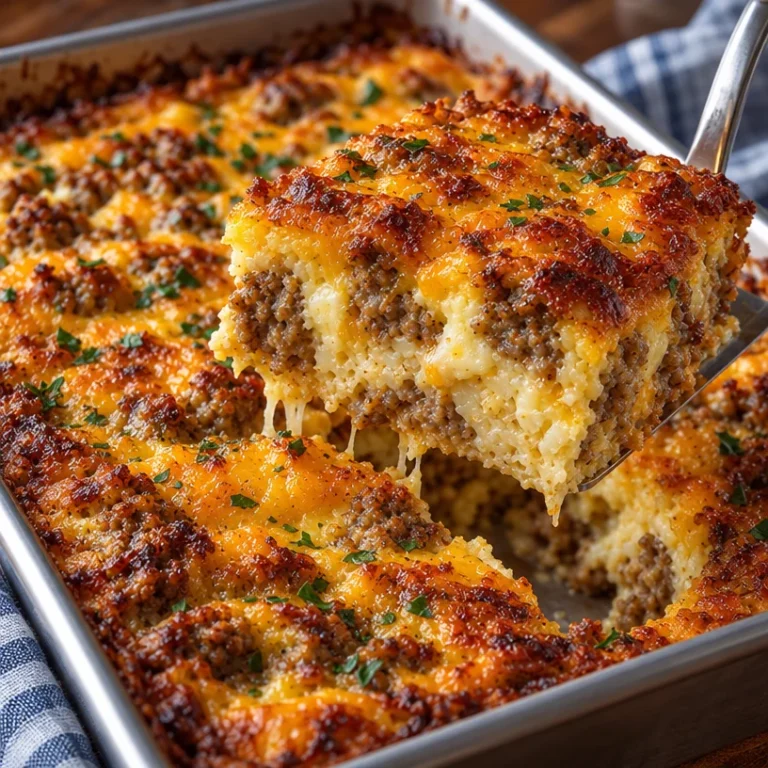 Delicious sausage egg cream cheese hashbrown casserole served in a baking dish
