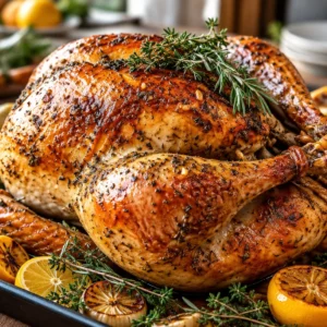 Garlic Herb Butter Roast Turkey with herbs and butter glistening on the skin.