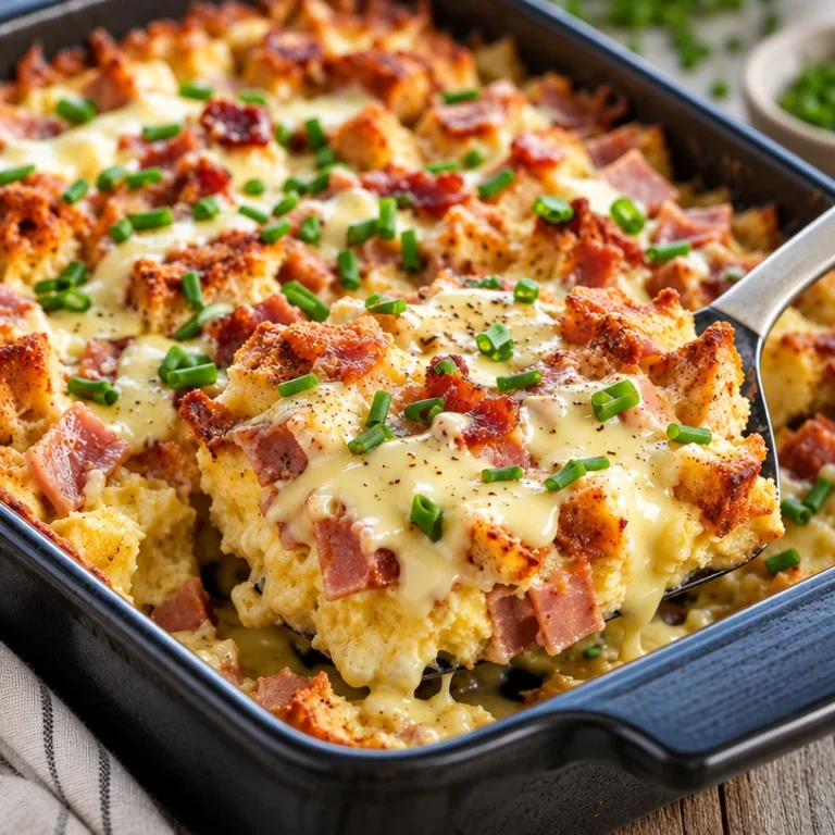 Delicious overnight Eggs Benedict Casserole topped with hollandaise sauce