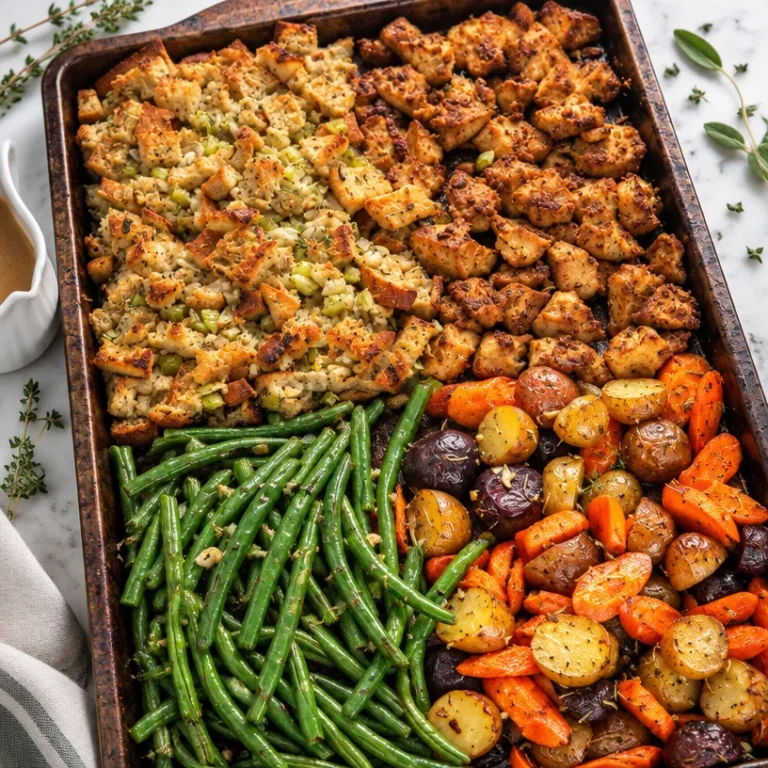 Vegan sheet pan Thanksgiving dinner with colorful vegetables and plant-based dishes